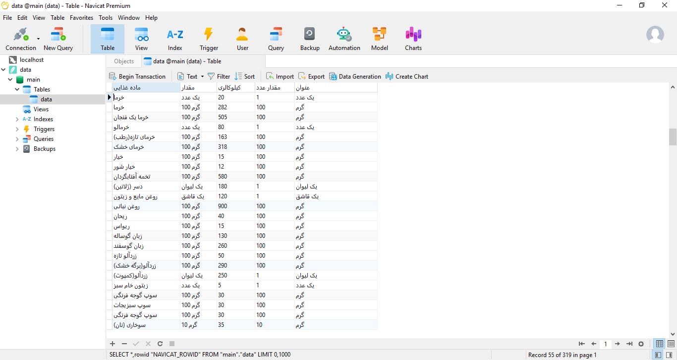database ارزش غذایی بصورت فایل Sqlite . Microsoft Excel 2