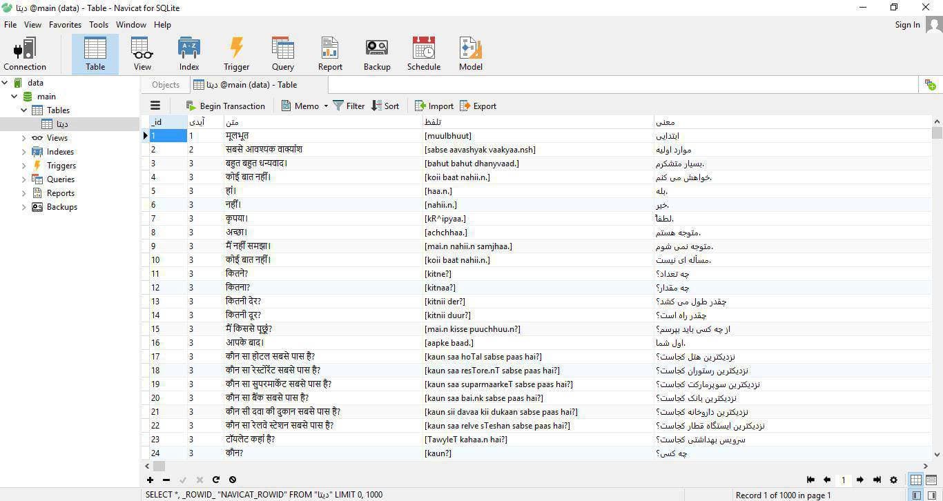 اسکرین شات دیتابیس  دیکشنری هندی به فارسی در قالب فایل SqLite