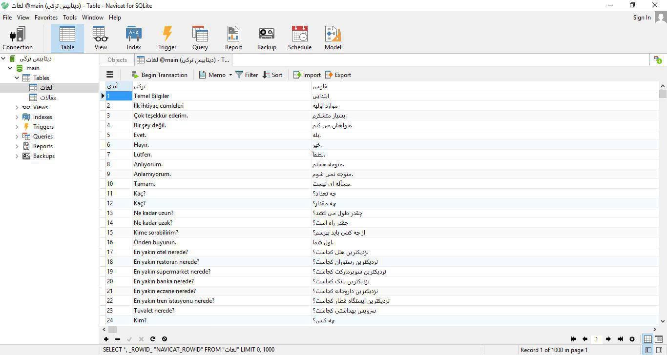  اسکرین شات دیتابیس فرهنگ لغت زبان ترکی به فارسی بصورت کامل در فرمت فایل SQLite