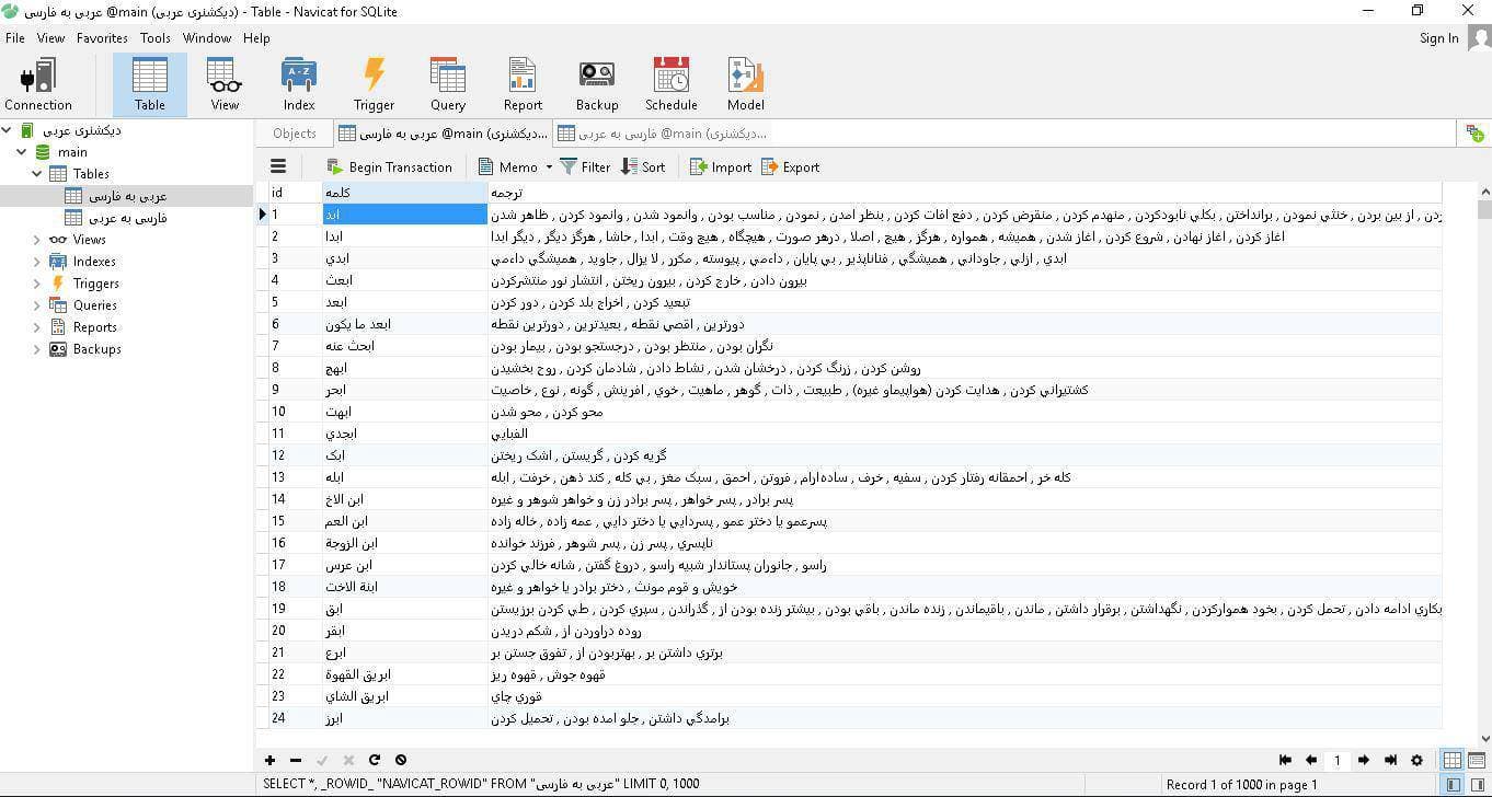 اسکرین شات دیتابیس دیتابیس آماده فرهنگ لغت عربی به فارسی و برعکس  در قالب فایل SqLite
