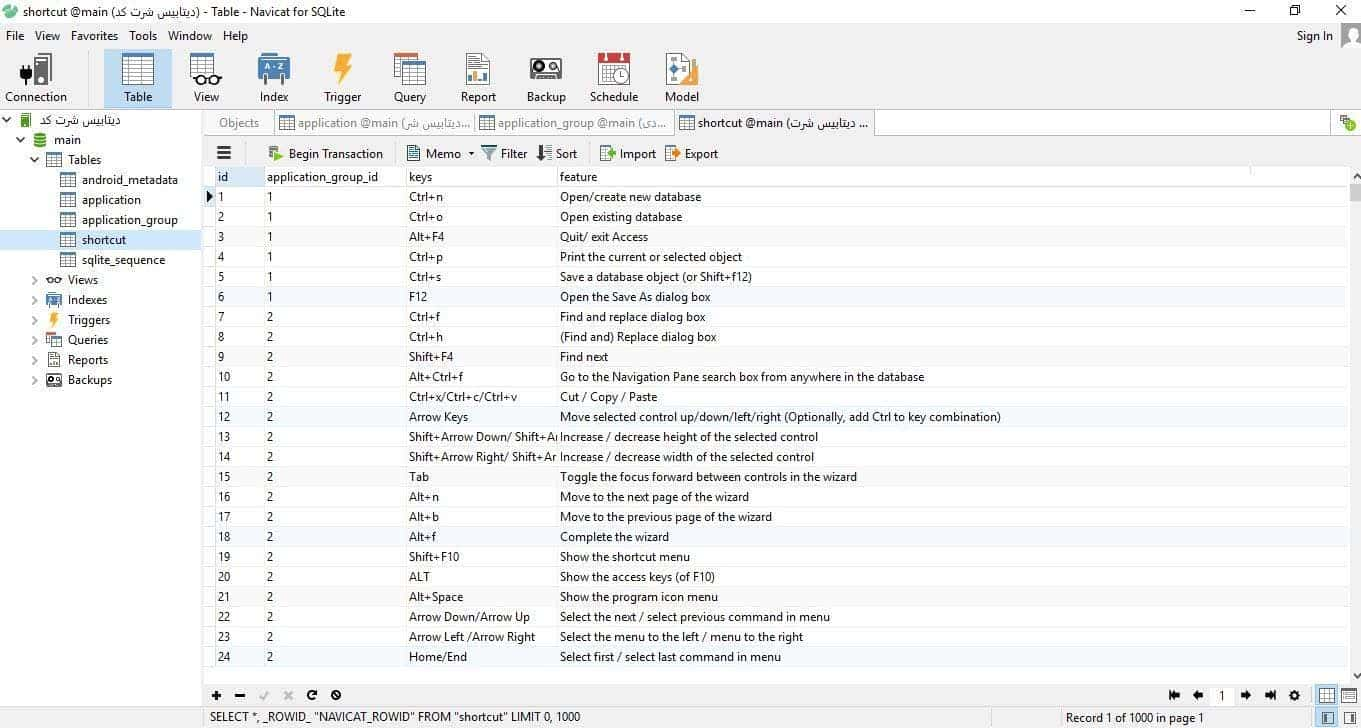 اسکرین شات دیتابیس  شورت کد در قالب فایل SqLite