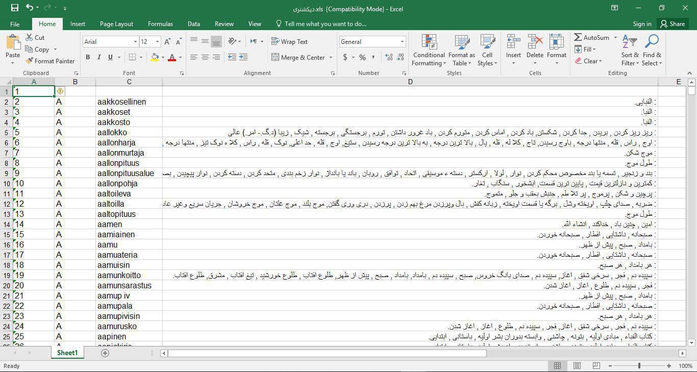 Screenshot of Finnish to Persian dictionary database in Excel file format